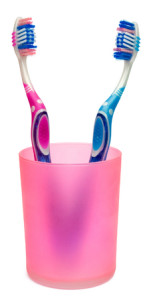 Photograph of two toothbrushes in a glass